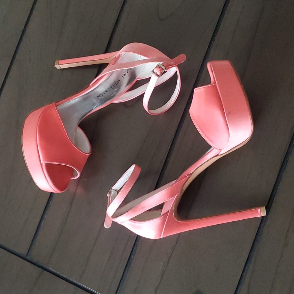 Stuart Weitzman Satin Disco Sandals, Coral, 8.5